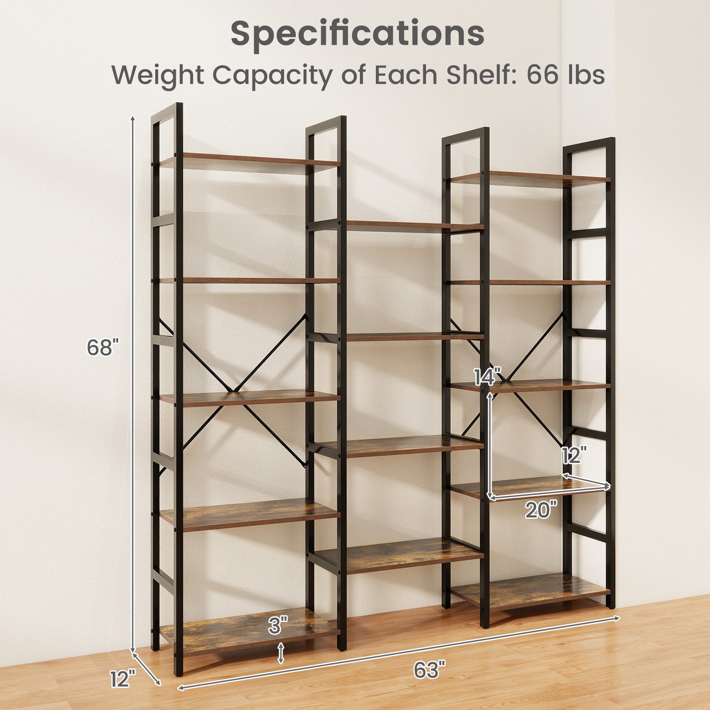 5-tier Triple Wide Heavy-duty Metal Frame Industrial Bookshelf-Rustic Brown