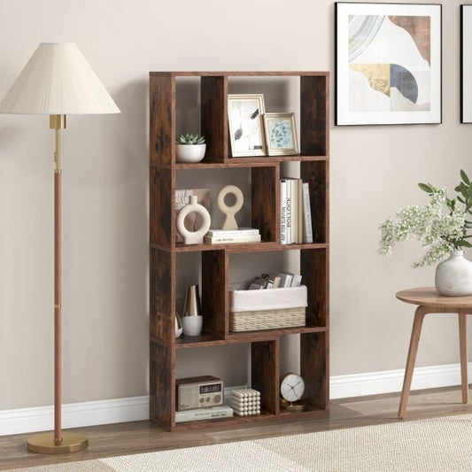 5-Tier Geometric Bookshelf with 8 Cubes Floor Standing Open Display-Brown