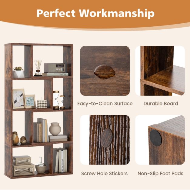 5-Tier Geometric Bookshelf with 8 Cubes Floor Standing Open Display-Brown