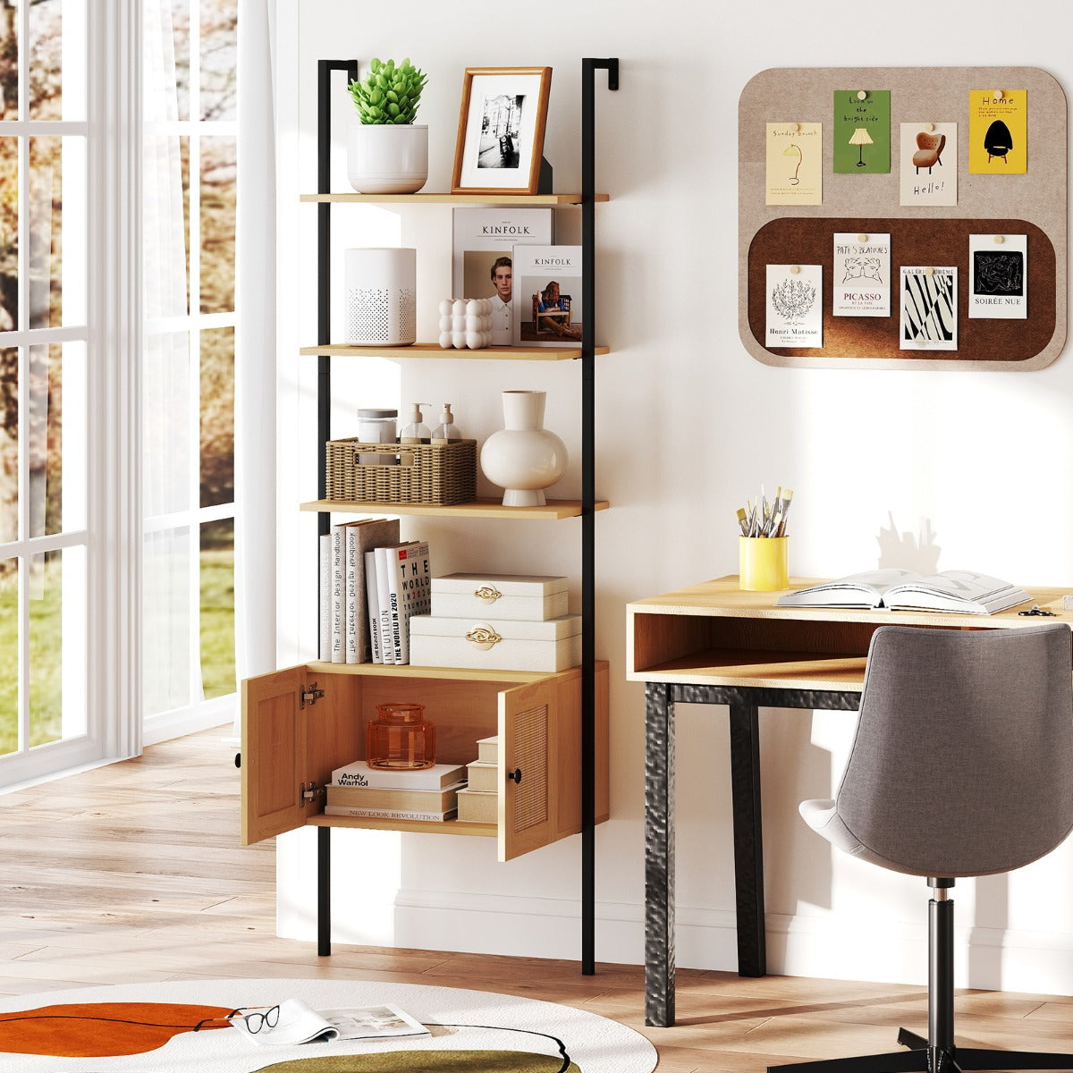 5-Tier Ladder Bookcase with Rattan Cabinet and Metal Frame-Natural