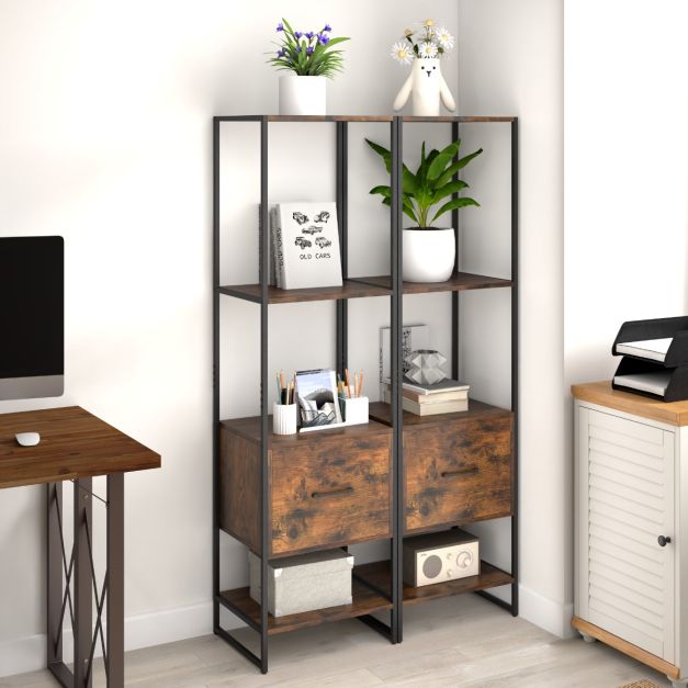 5-Tier Tall Narrow Bookcase Bookshelf with Drawer Shelves-Rustic Brown