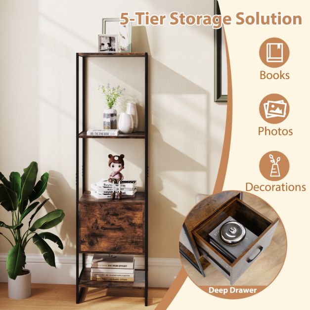 5-Tier Tall Narrow Bookcase Bookshelf with Drawer Shelves-Rustic Brown