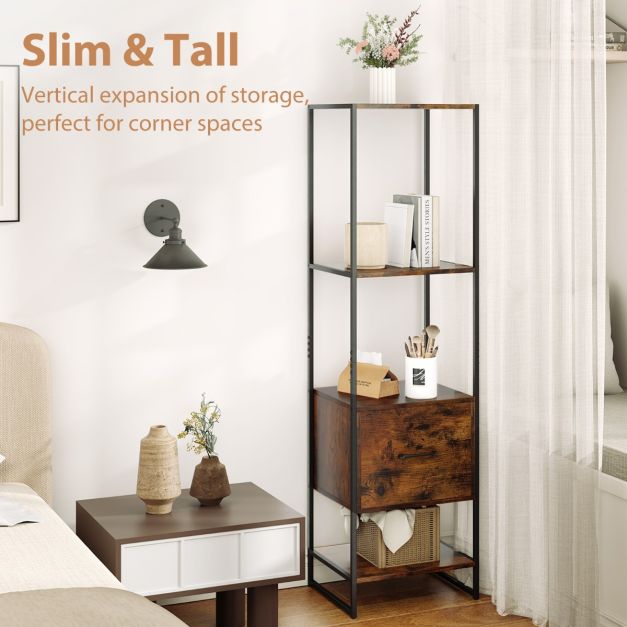 5-Tier Tall Narrow Bookcase Bookshelf with Drawer Shelves-Rustic Brown
