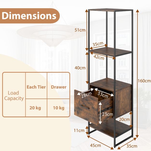 5-Tier Tall Narrow Bookcase Bookshelf with Drawer Shelves-Rustic Brown