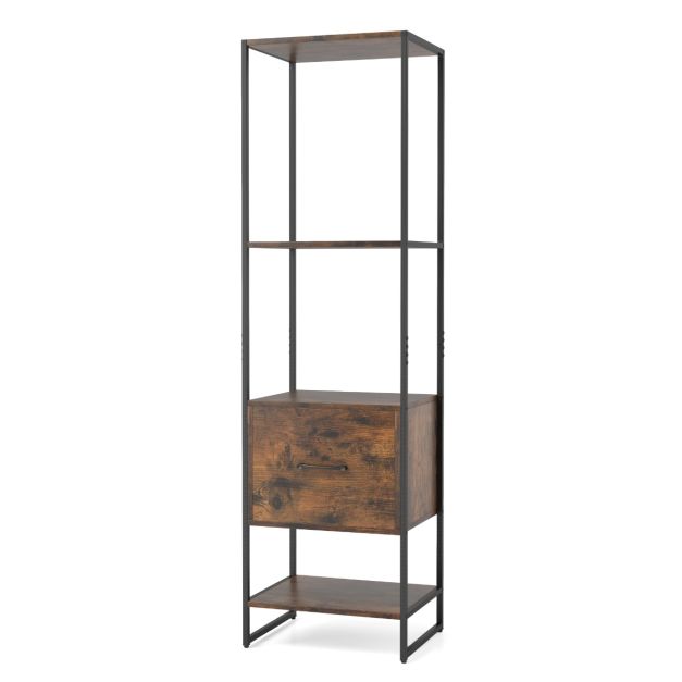 5-Tier Tall Narrow Bookcase Bookshelf with Drawer Shelves-Rustic Brown