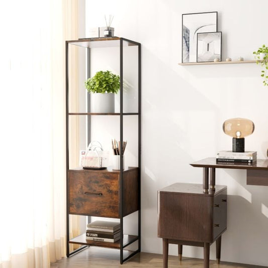 5-Tier Tall Narrow Bookcase Bookshelf with Drawer Shelves-Rustic Brown