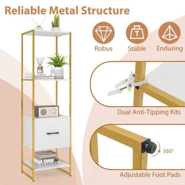 5-Tier Tall Narrow Bookcase Bookshelf with Drawer Shelves-White