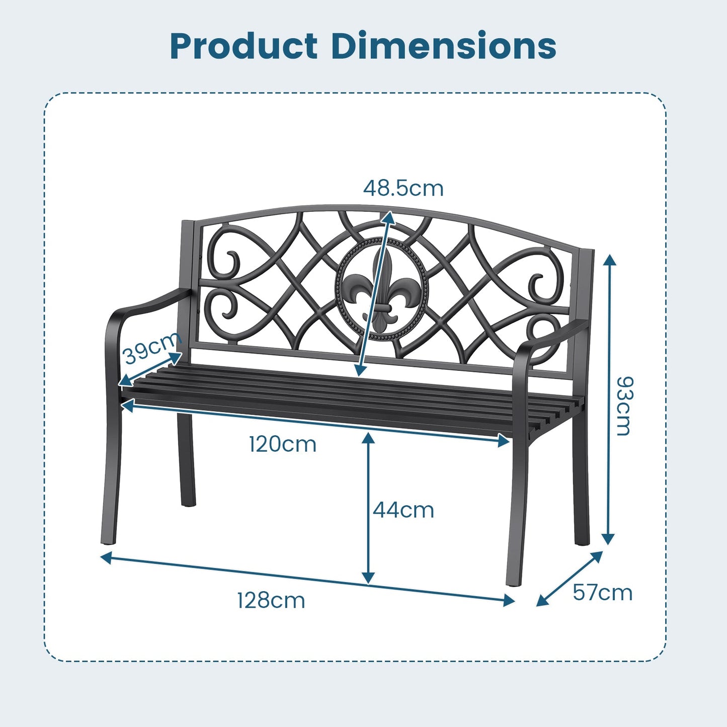 50.5 Inch Outdoor Garden Bench for 2-3 with Cast Iron Floral Backrest-Black