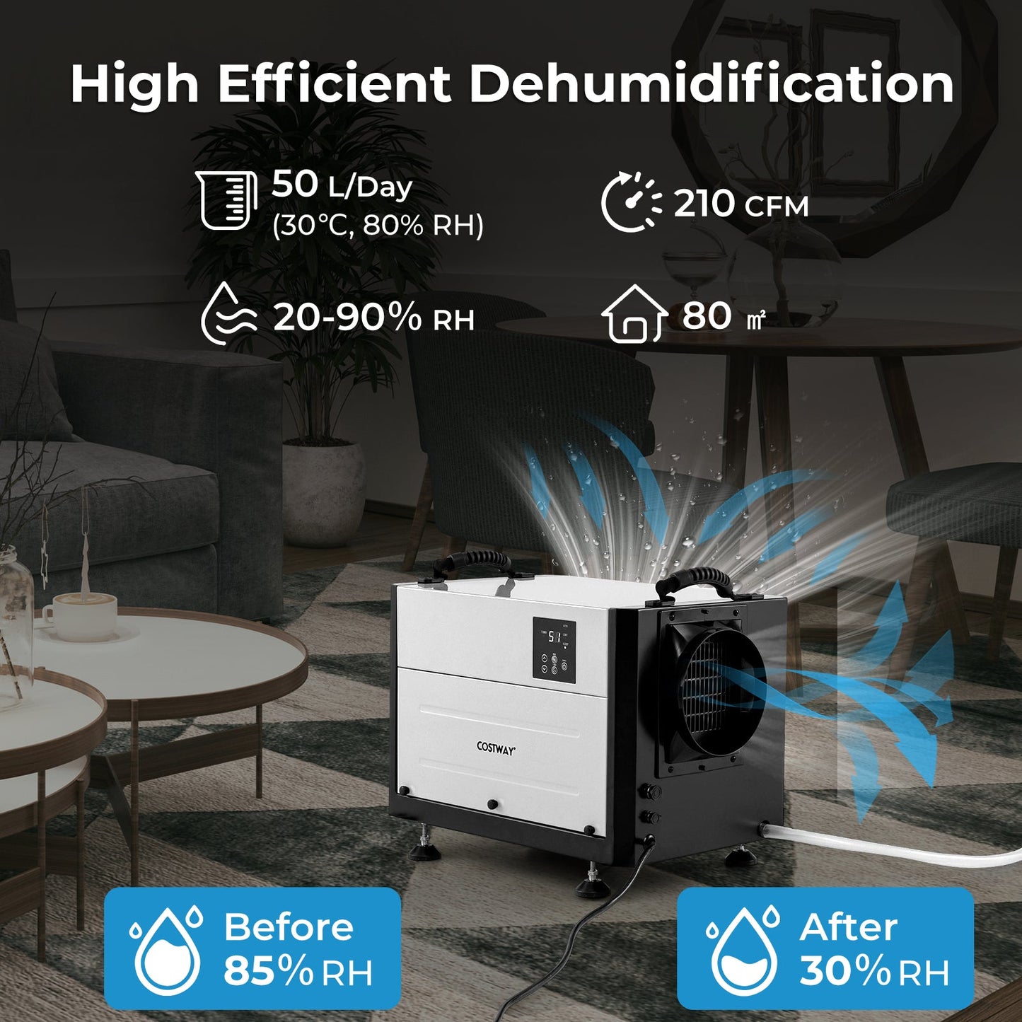 50/70L/Day Industrial Dehumidifier with Pump and Drain Hose-White-50L