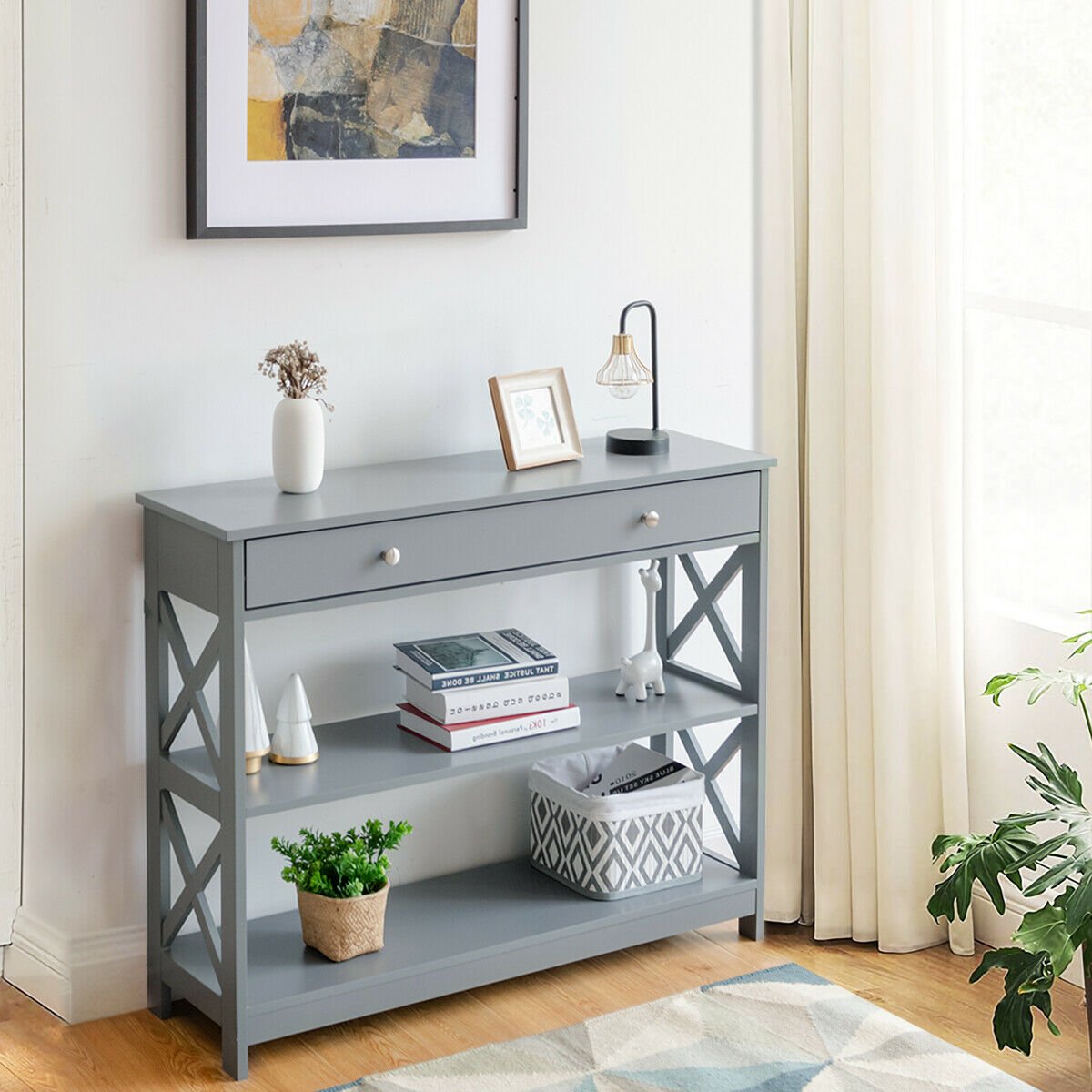 3-Tier Console Table with 1 Drawer and 2 Storage Shelves-Grey