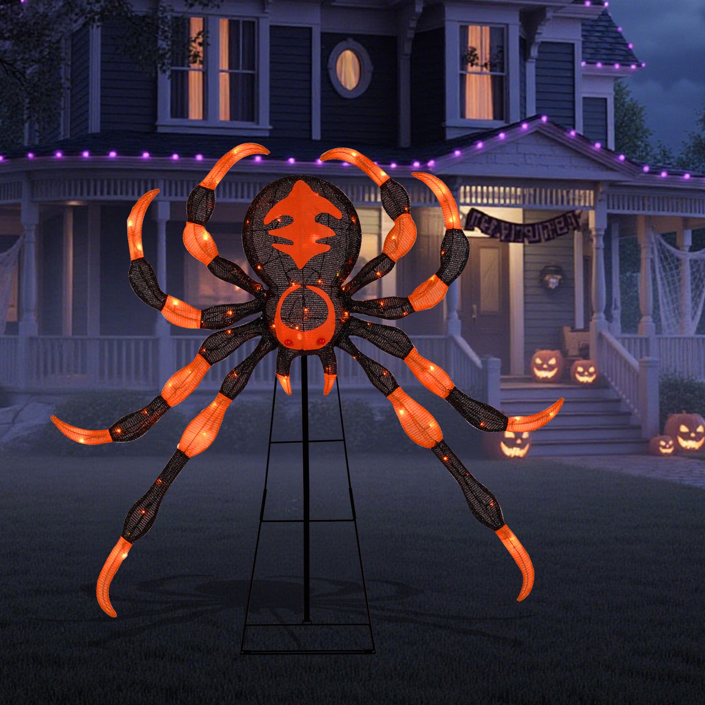 52inch Halloween Spider Decoration with 16 Flickering Warm White LEDs 64 Orange LEDs