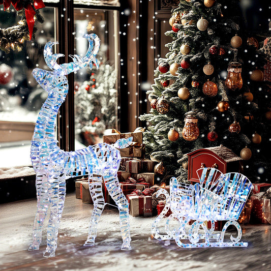 Outsunny Lighted Christmas Reindeer with Sleigh, Outdoor Yard Reindeer with 170 Warm White LED Lights, Holiday Decor with Stakes, Waterproof, Silver