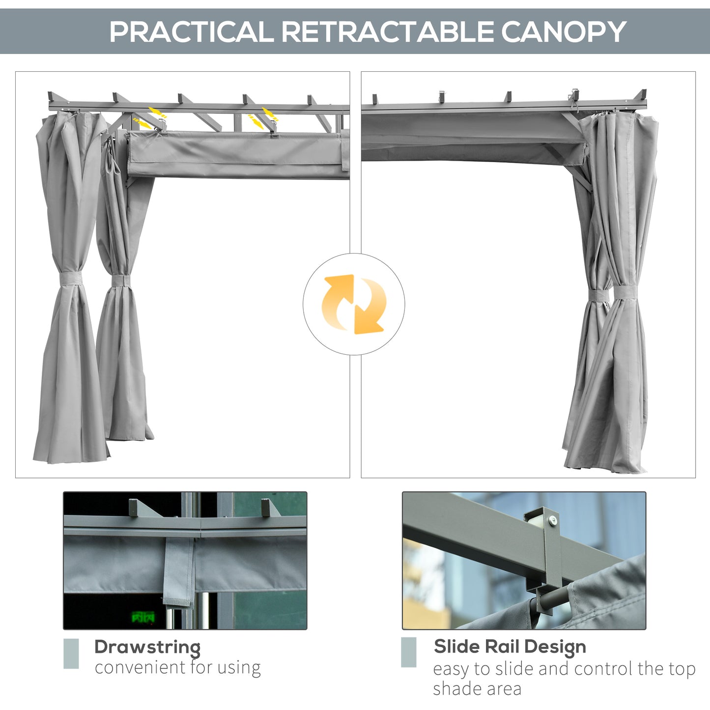 Outsunny 3.6 x 3(m) Outdoor Pergola with Retractable Roof and Curtains, Garden Gazebo Canopy Sun Shade Shelter with Aluminum Frame, Dark Grey