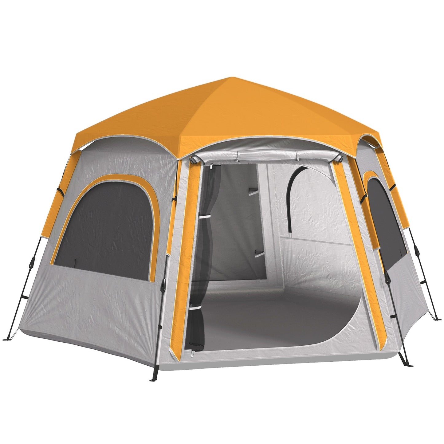 Outsunny Instant Pop Up Camping Tent, 2/3/4 osobowy, łatwy w rozkładaniu namiot rodzinny z przedsionkiem, tropikiem, 4 oknami z siatki i 2 drzwiami, sześciokątny design, wodoodporny i z ochroną UV, jasnoszary