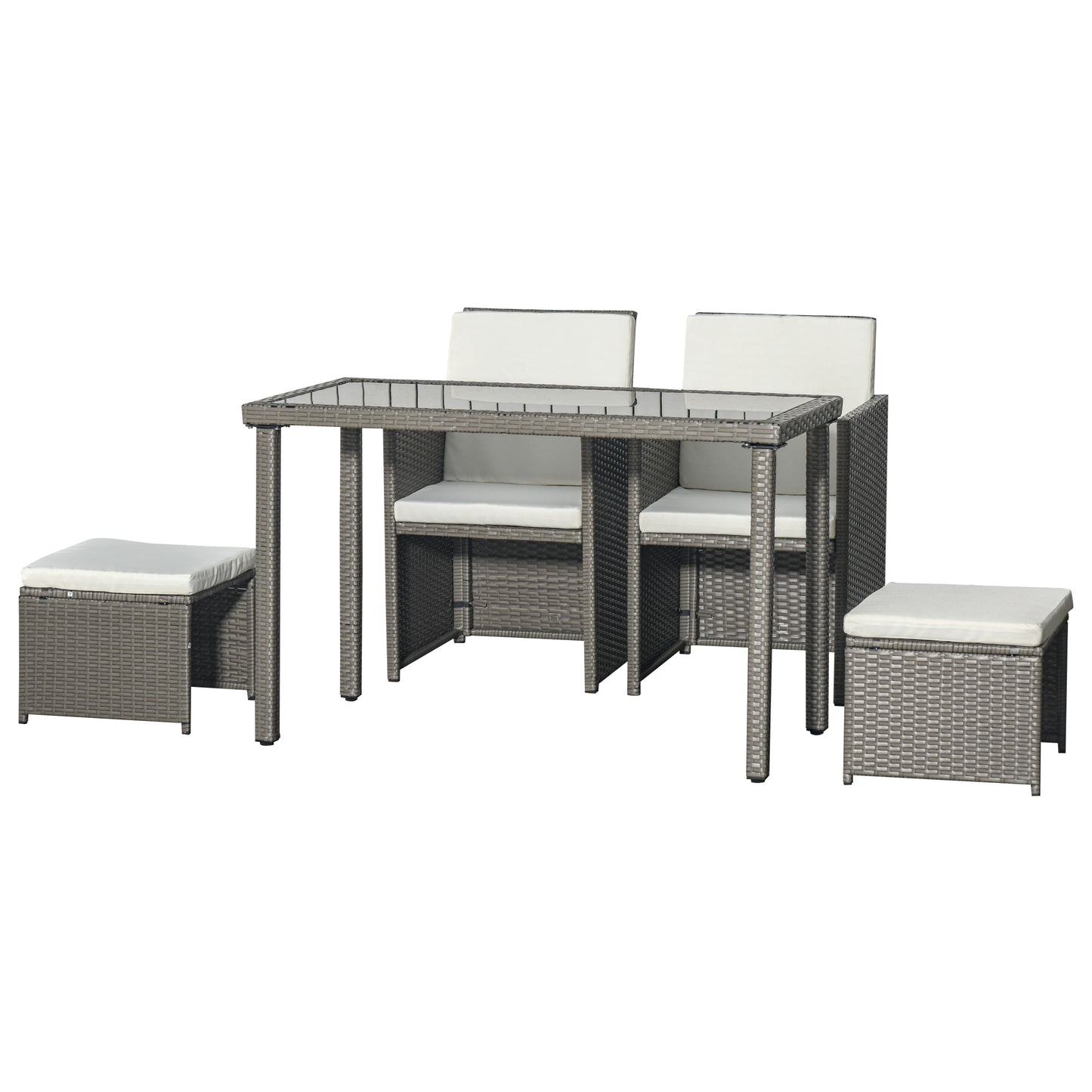 Zestaw mebli ogrodowych Outsunny 2 Seater Rattan Cube, zestaw jadalny z rattanu z poduszkami, stół jadalny i krzesła do użytku na zewnątrz z 2 fotelami, 2 stołkami, prostokątny szklany blat stołu na patio, balkon, szary