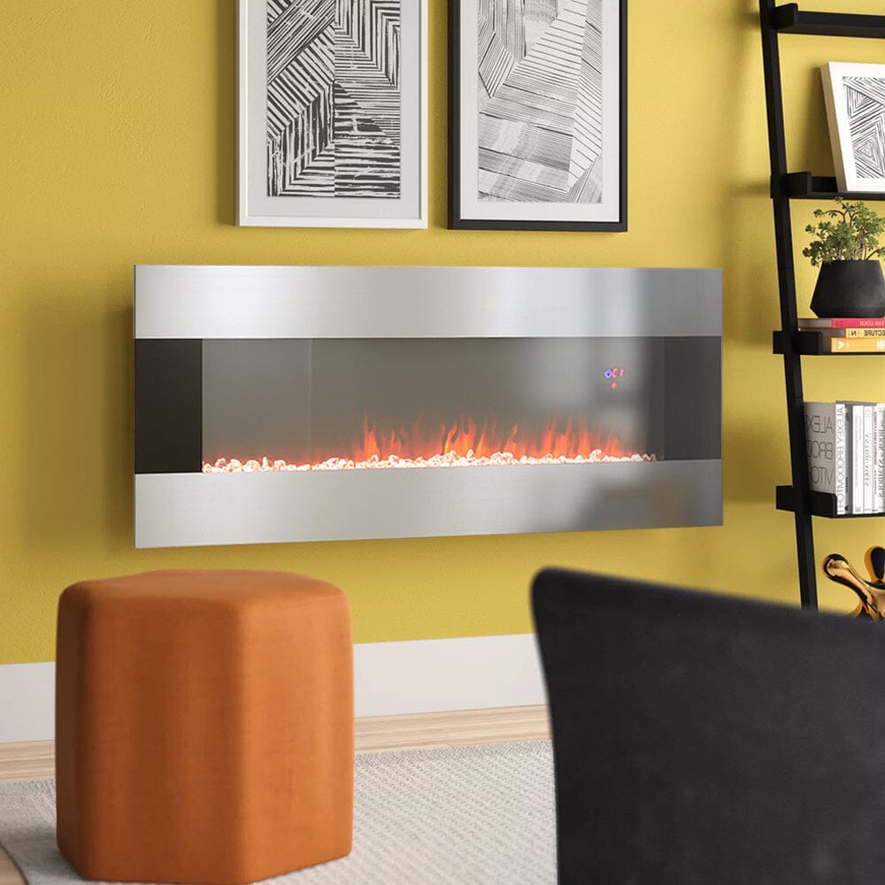 50/60 Inch Silver Electric Fireplace Crystal Accents 6 Flame Colour Heater Wall Mounted Fireplaces