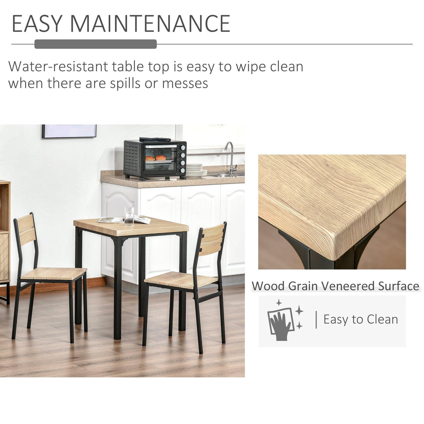 HOMCOM 3 Pieces Compact Dining Table 2 Chairs Set Wooden Metal Legs Bistro cafe Kitchen Breakfast Bar Home Furniture, Light Wood Grain