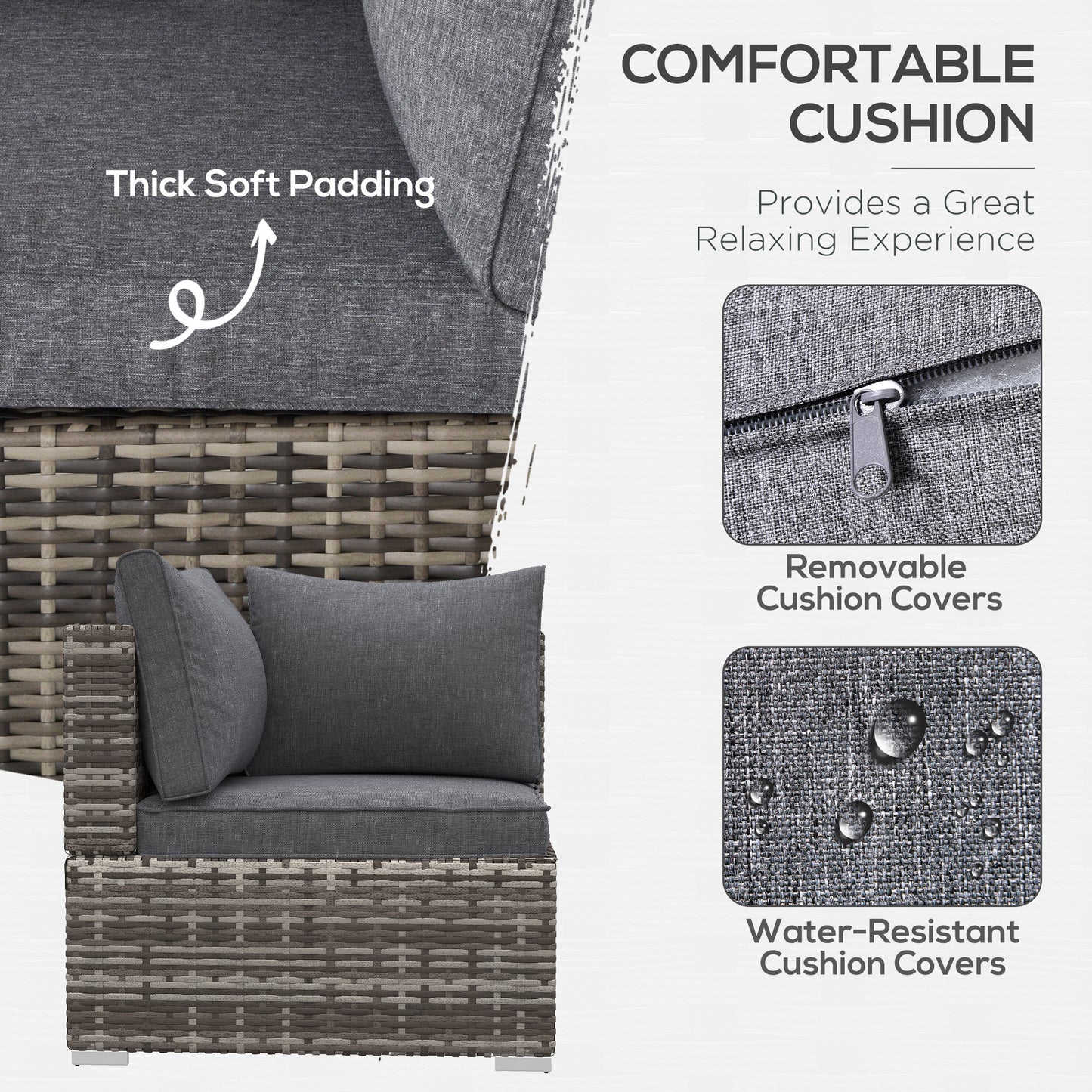 Outsunny Outdoor PE Rattan Narożnik Sofa, Garden Wicker Furniture Pojedynczy Sofa Krzesło z Poduszkami, Głęboki Szary