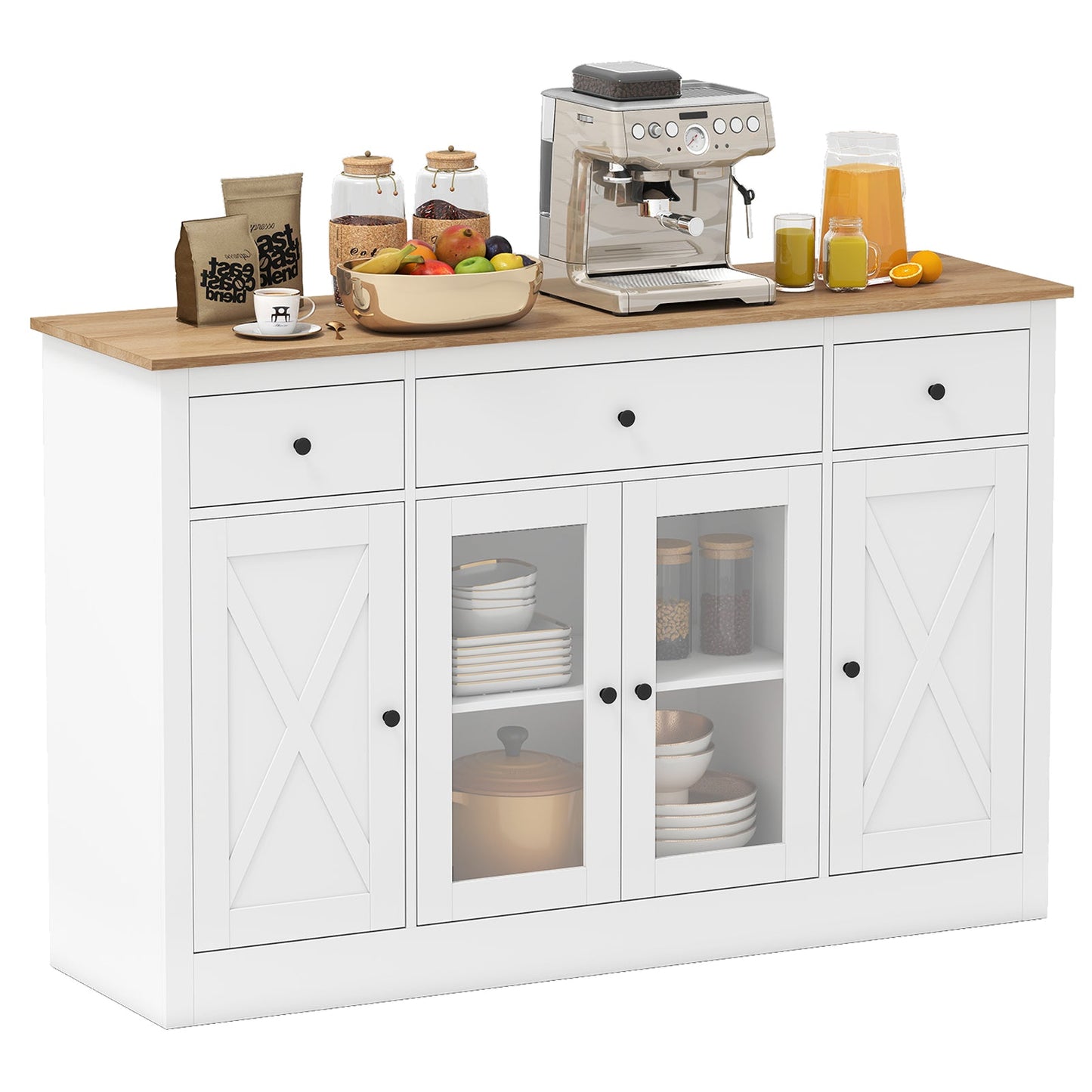 55” Large Buffet Sideboard Kitchen Storage Modern Coffee Bar Cabinet-White
