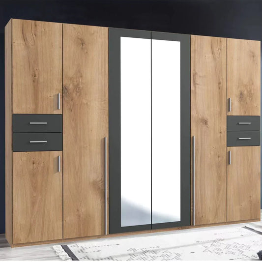 FENTON 6 Door Mirrored Wardrobe Oak and Graphite 270cm
