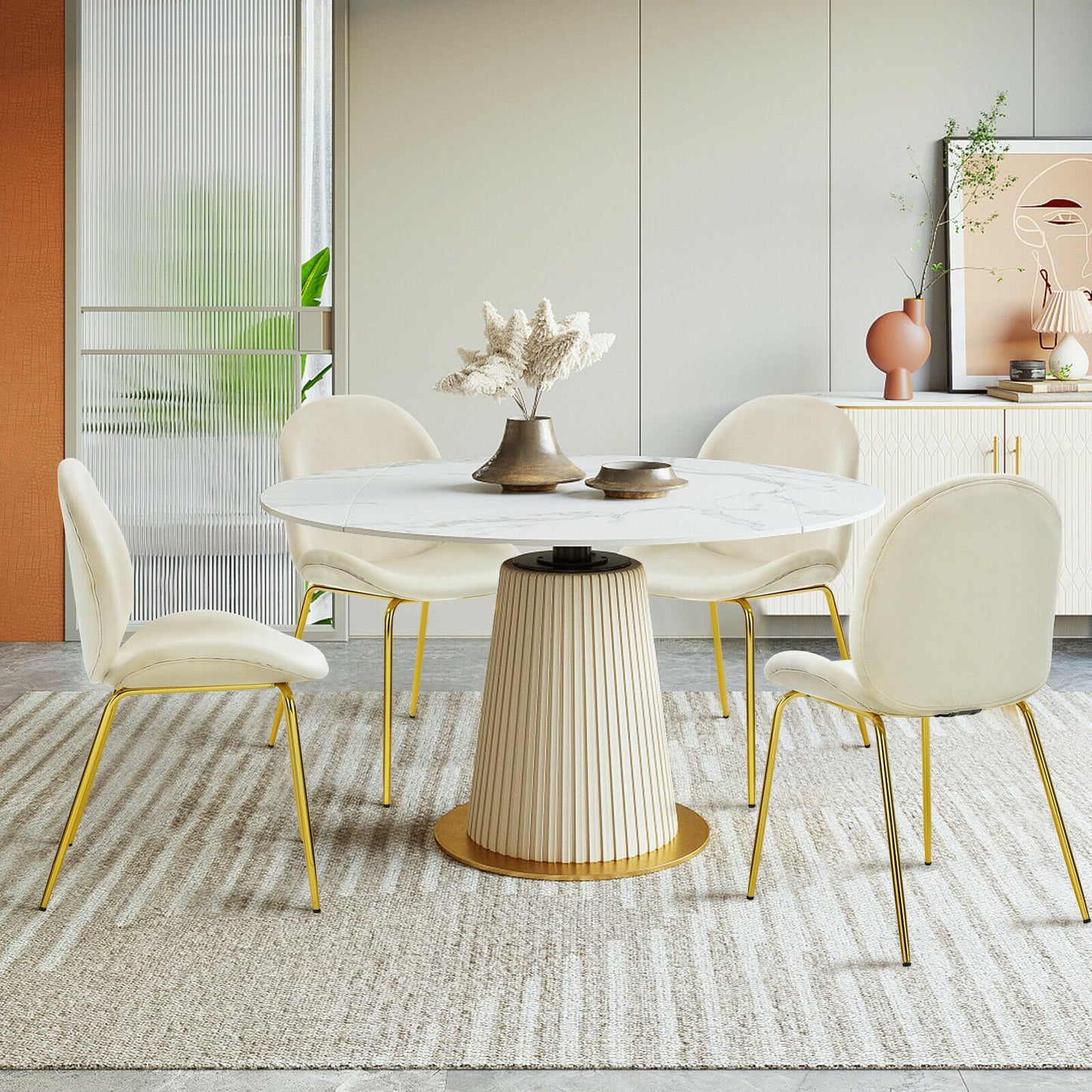 Set of 2 Velvet Dining Chair with Golden Finished Steel Legs-Beige