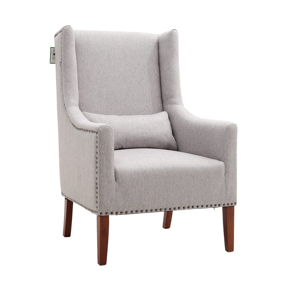 Grey Burlap High Back Studded Armchair with Cushion