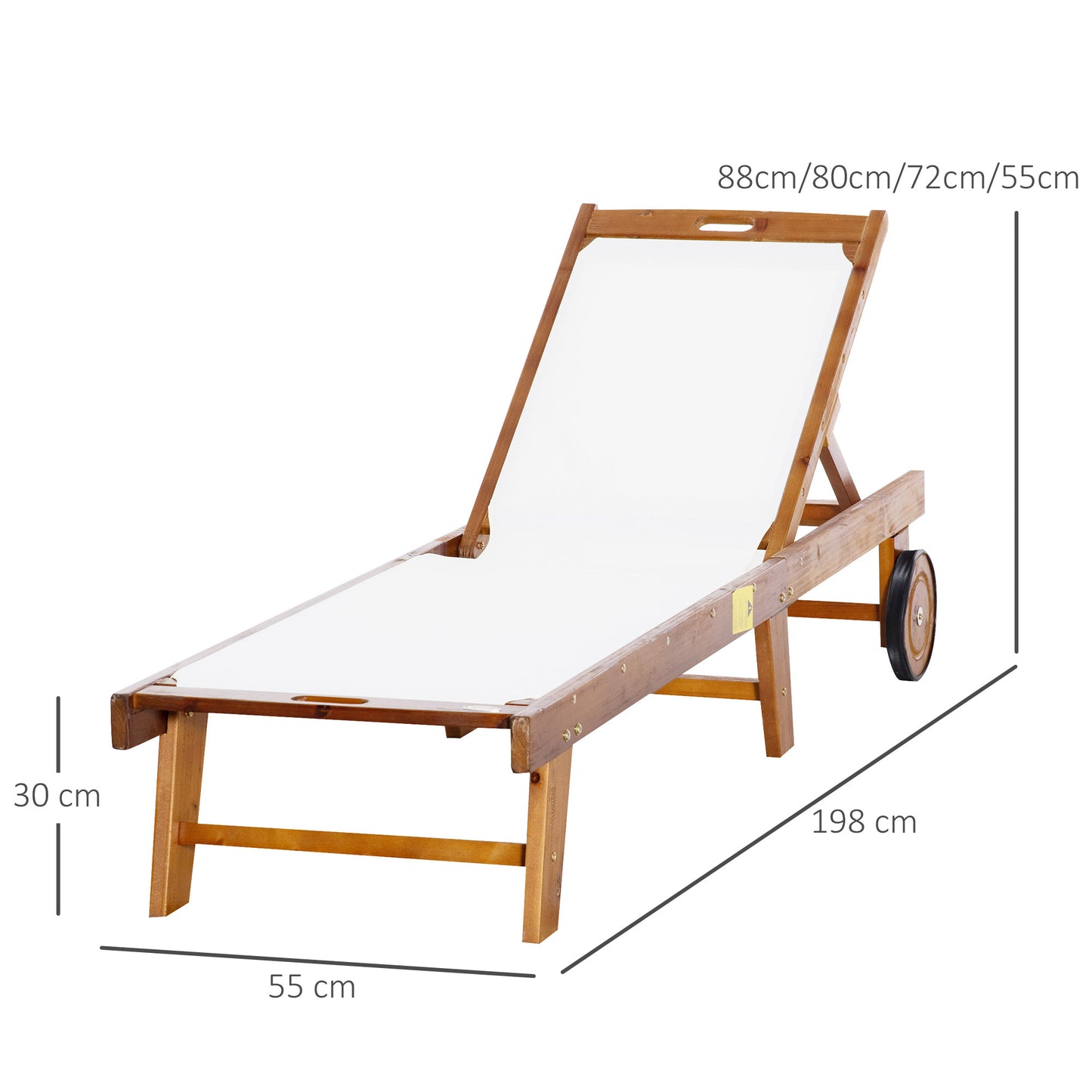 Outsunny Outdoor Acacia Wood Texteline Beach Sun Lounger Garden Patio Solarbed Recliner Chaise Adjustable Backrest with Wheels