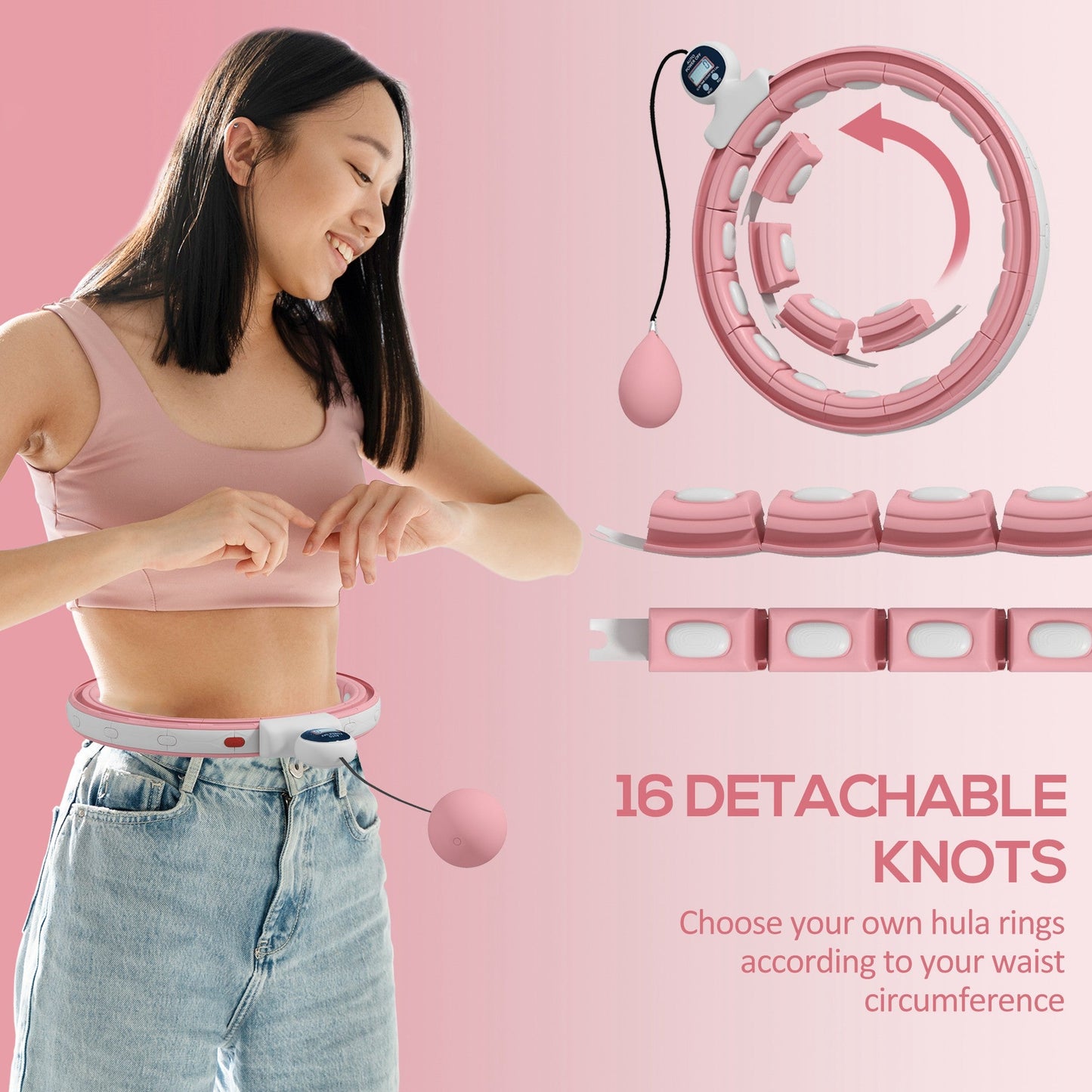 SPORTNOW Smart Weighted Hula Hoop, Massage Hula Ring w/ 16 Detachable Knots, 360 Auto-Rotating Ball, Digital Counter, Pink