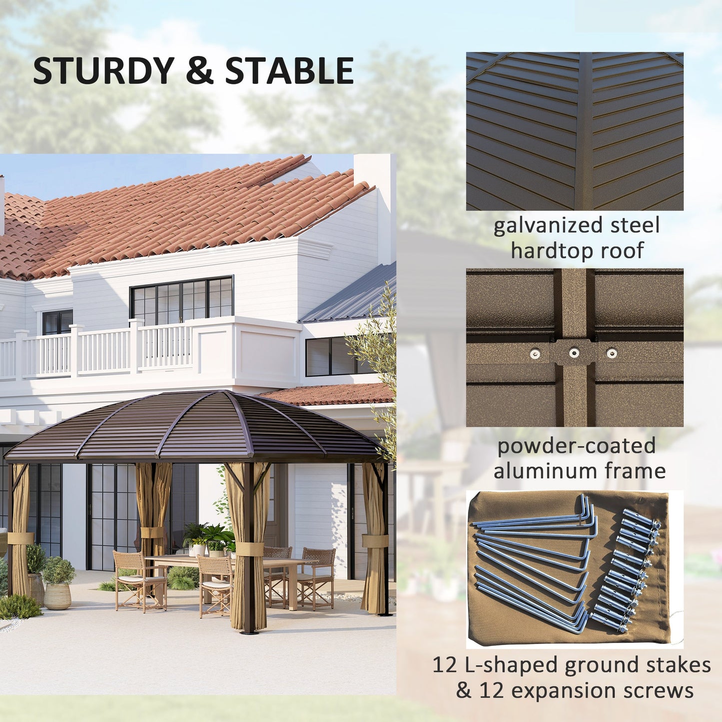 Altana Outsunny 3 x 4 m Hardtop z metalowym dachem, aluminiowa, stała altana z siatką i zasłonami, brązowa