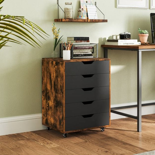 5 Drawer Chest with Lockable Wheels for Home Office-Rustic Brown