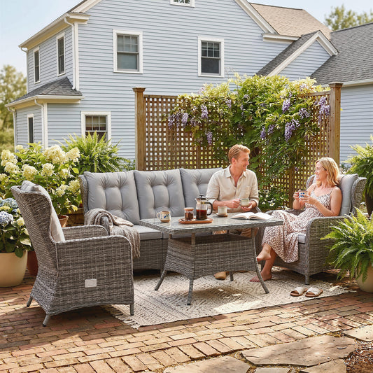 Outsunny 5 Seater Rattan Garden Furniture Set with Sofa, Reclining Chairs, Table, Patio Rattan Furniture Sofa Sets, Grey