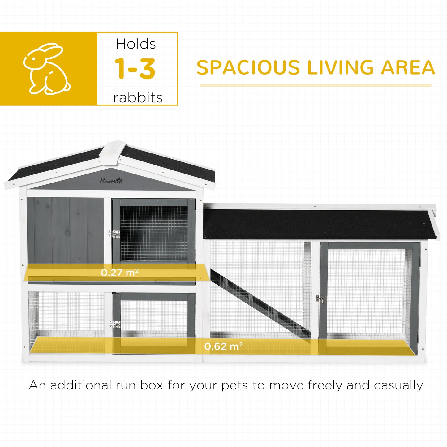PawHut Rabbit Hutch Outdoor, 2-poziomowa klatka dla świnki morskiej, drewniany domek dla małych zwierząt z wybiegiem dla królików, wysuwana taca, rampa, 175,8 x 52 x 85,5 cm, biały