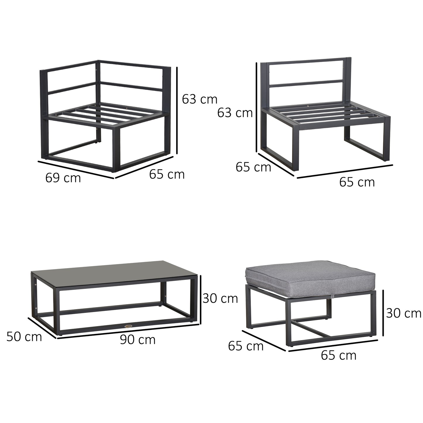 Outsunny 5-częściowy zestaw mebli ogrodowych, sofa z sofą i szklanym stolikiem kawowym, krzesła z poduszkami i aluminiowa rura, na balkon, ogród, podwórko, szary