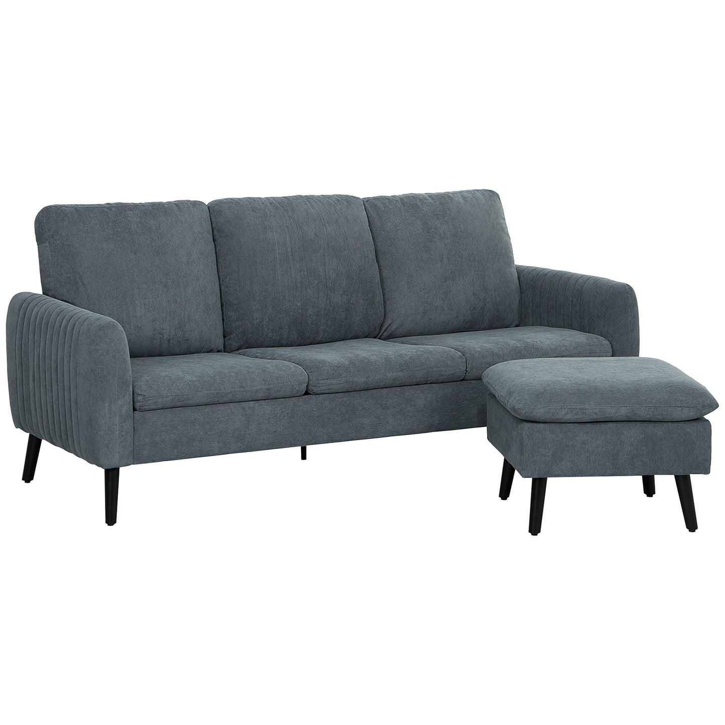 HOMCOM Fabric Sofa with Ottoman, Corduroy L-shaped Sofa Couch with Scatter Back, Reversible 3-Seater Chaise Lounge for Living Room, Home Office, Small Spaces, Charcoal Grey