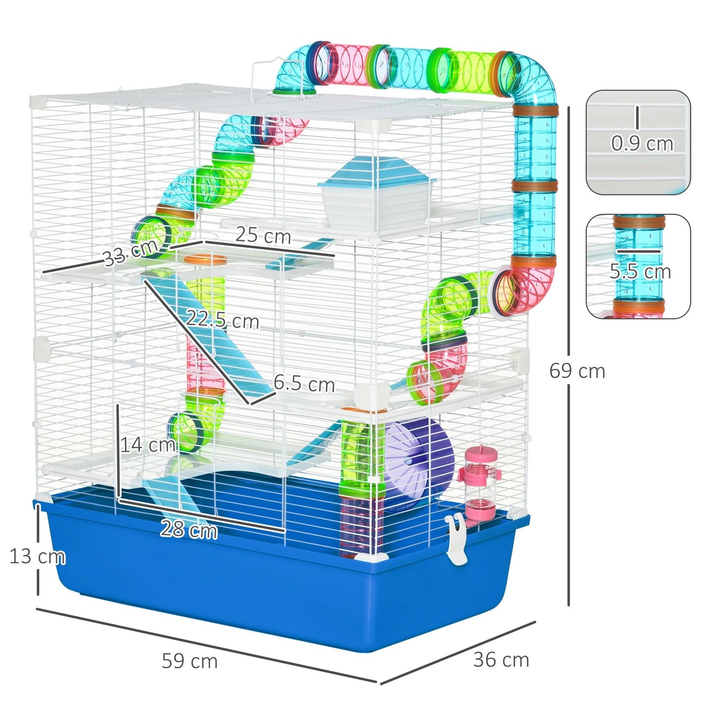 PawHut 5 Tier Hamster Cage, Gerbil Cage with Tube, Water Bottle, Exercise Wheel, Food Dish, 59L x 36W x 69H cm - Blue