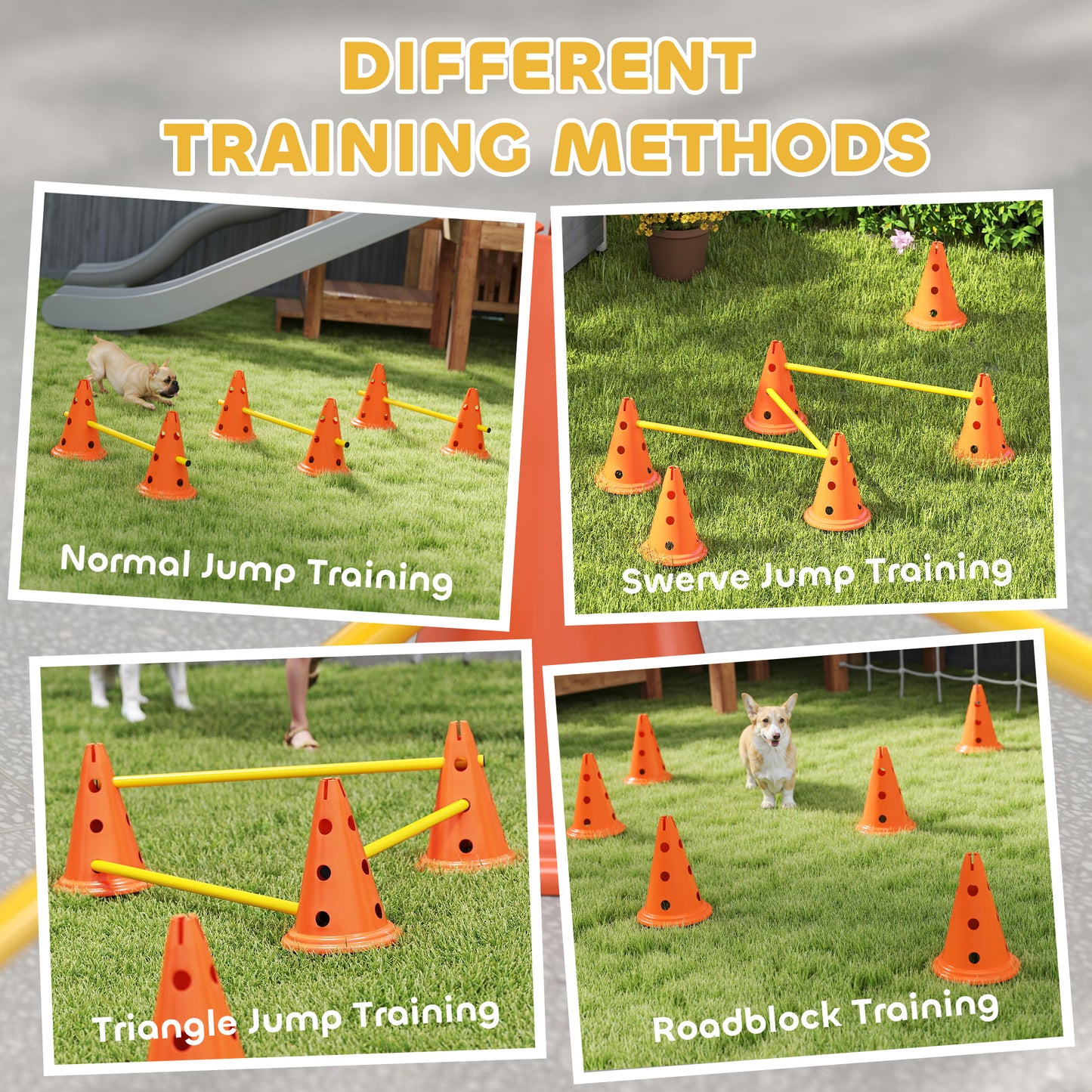 PawHut Dog Agility Equipment Set of Six Cones, Six Poles with Carry Bag, Three-Piece Adjustable Height Jumping Obstacles, Orang