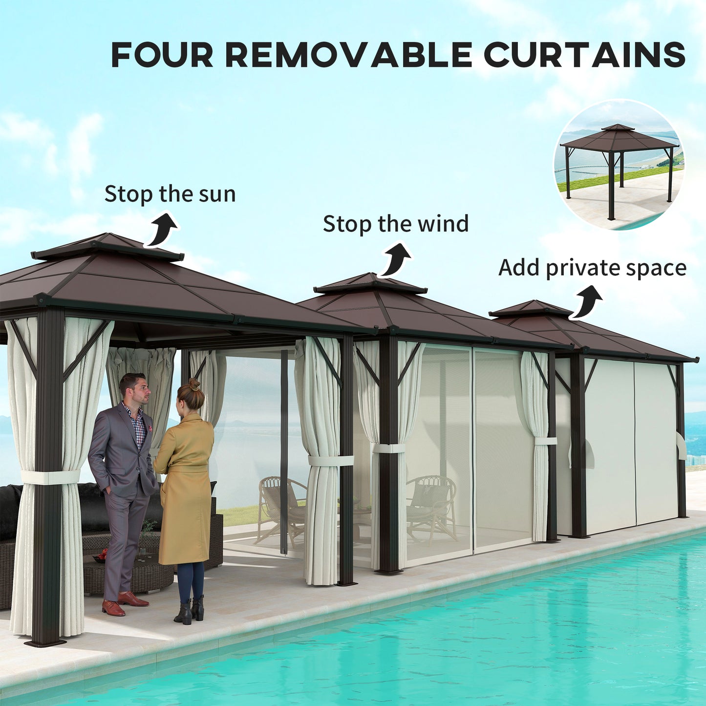 Outsunny 3 x 3(m) Hardtop Gazebo Canopy with UPF30+ Double Polycarbonate Roof, Aluminium Frame Garden Gazebo Permanent Pavilion with Mosquito Netting and Curtains for Patio, Deck, Beige