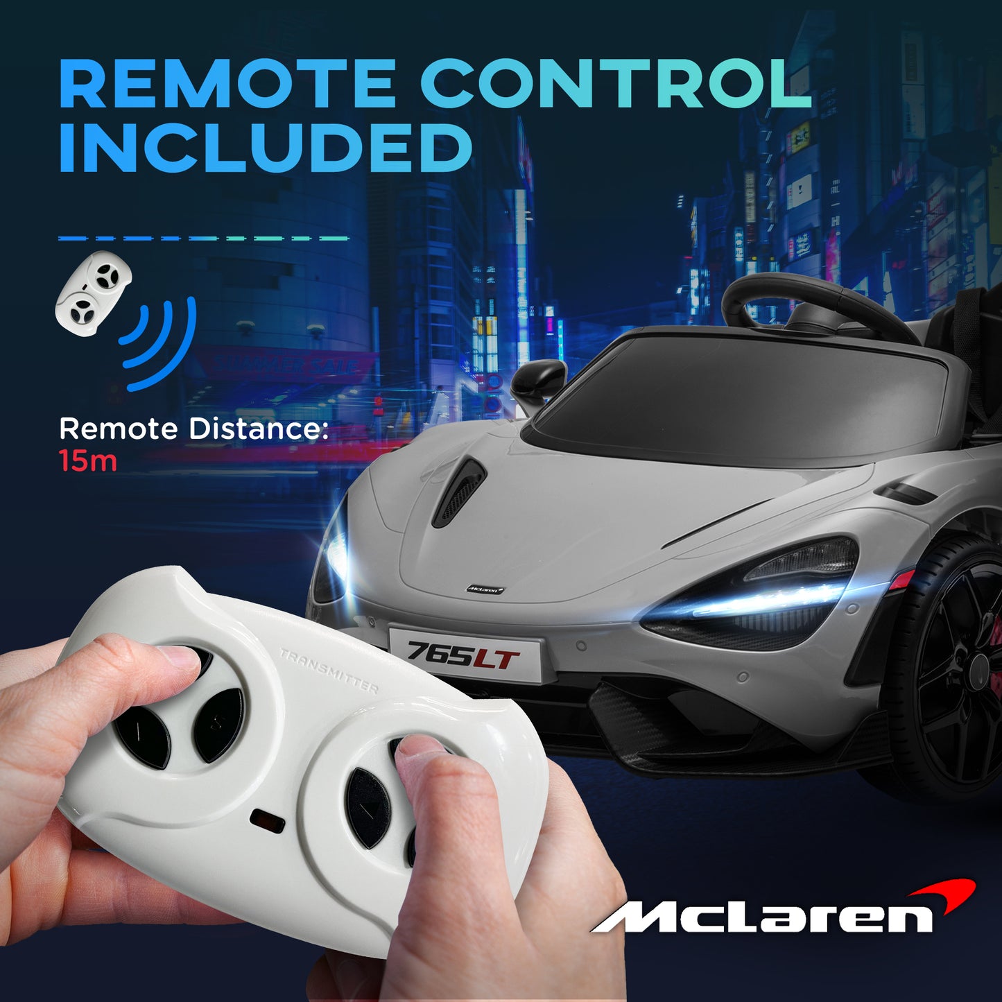 سيارة كهربائية للأطفال مرخصة من AIYAPLAY McLaren 765LT بقوة 12 فولت مع أبواب على شكل فراشة وعجلات نقل تعمل بالتحكم عن بعد باللون الرمادي