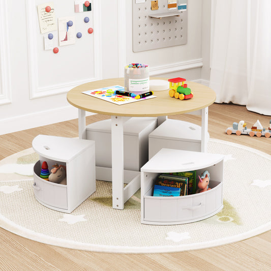 5 Piece Kids Table and Chair Set Round for 4 with 4 Fabric Drawers-Natural
