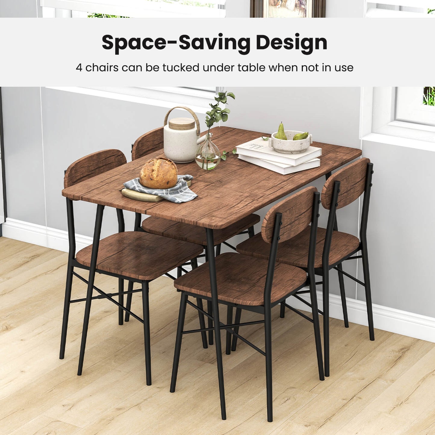 5 Piece Dining Table Set Rectangular with Backrest-Rustic Brown