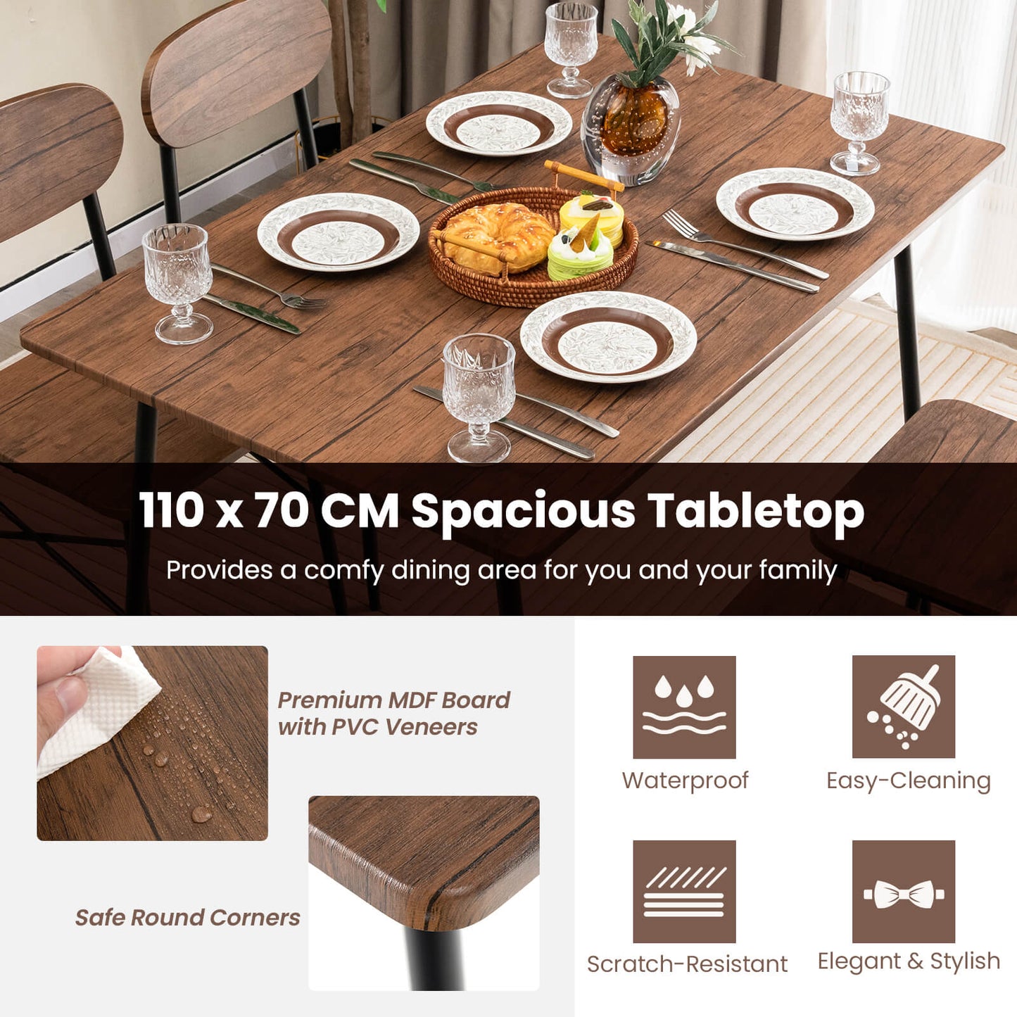 5 Piece Dining Table Set Rectangular with Backrest-Rustic Brown