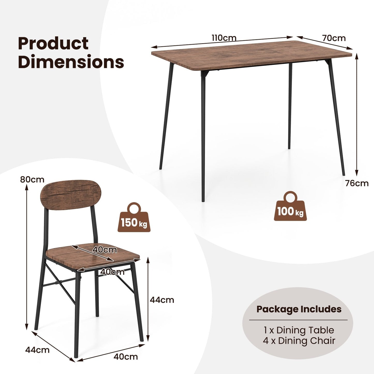 5 Piece Dining Table Set Rectangular with Backrest-Rustic Brown