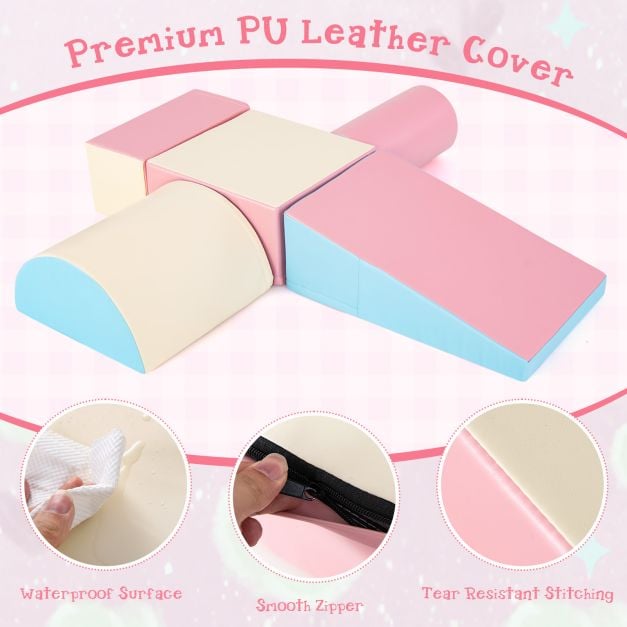 5 Pieces Kids Climb Crawl Activity Play Set with Safe Foam Blocks-Pink