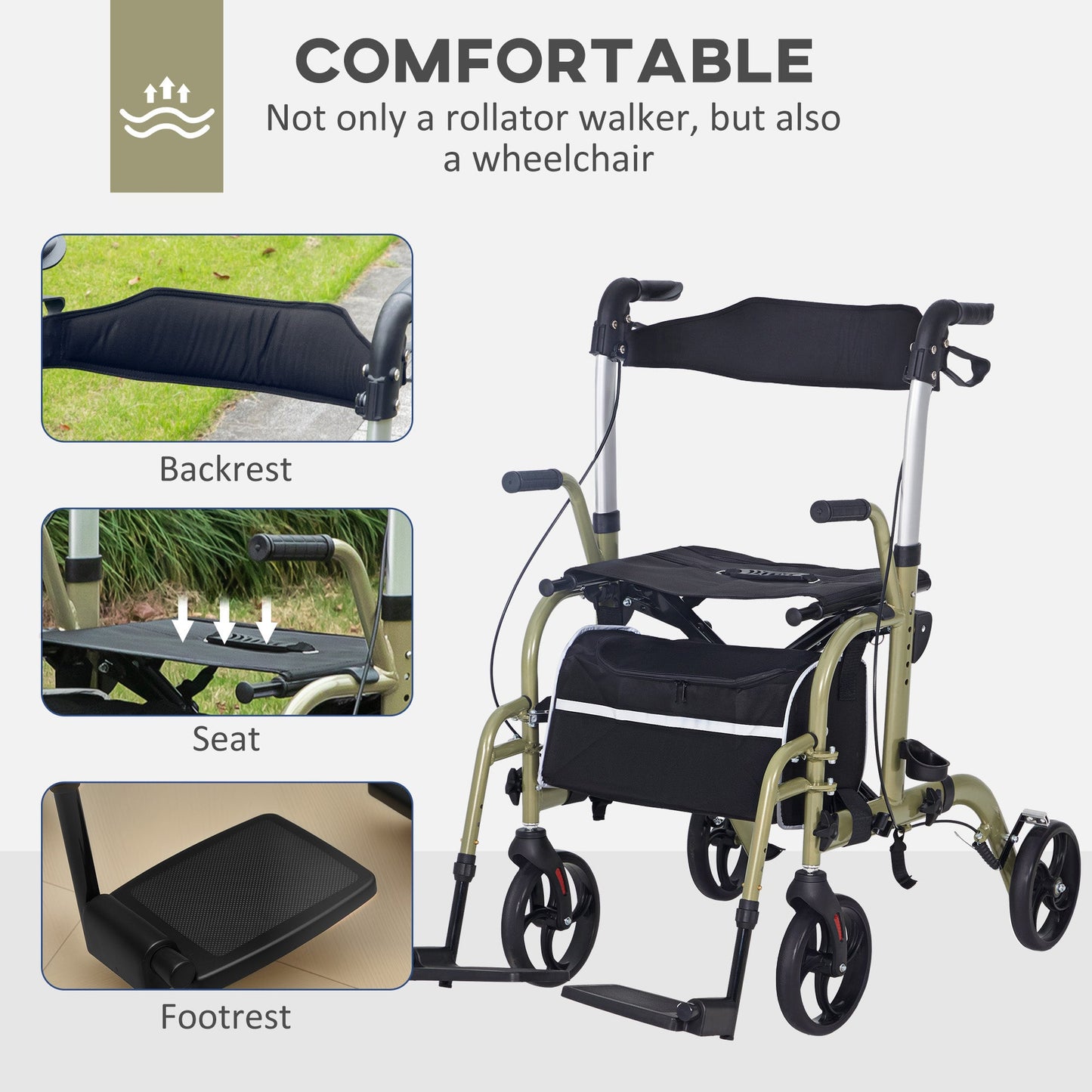 Wózek inwalidzki HOMCOM Rollator Walker z hamulcami i torbą – żółty/zielony
