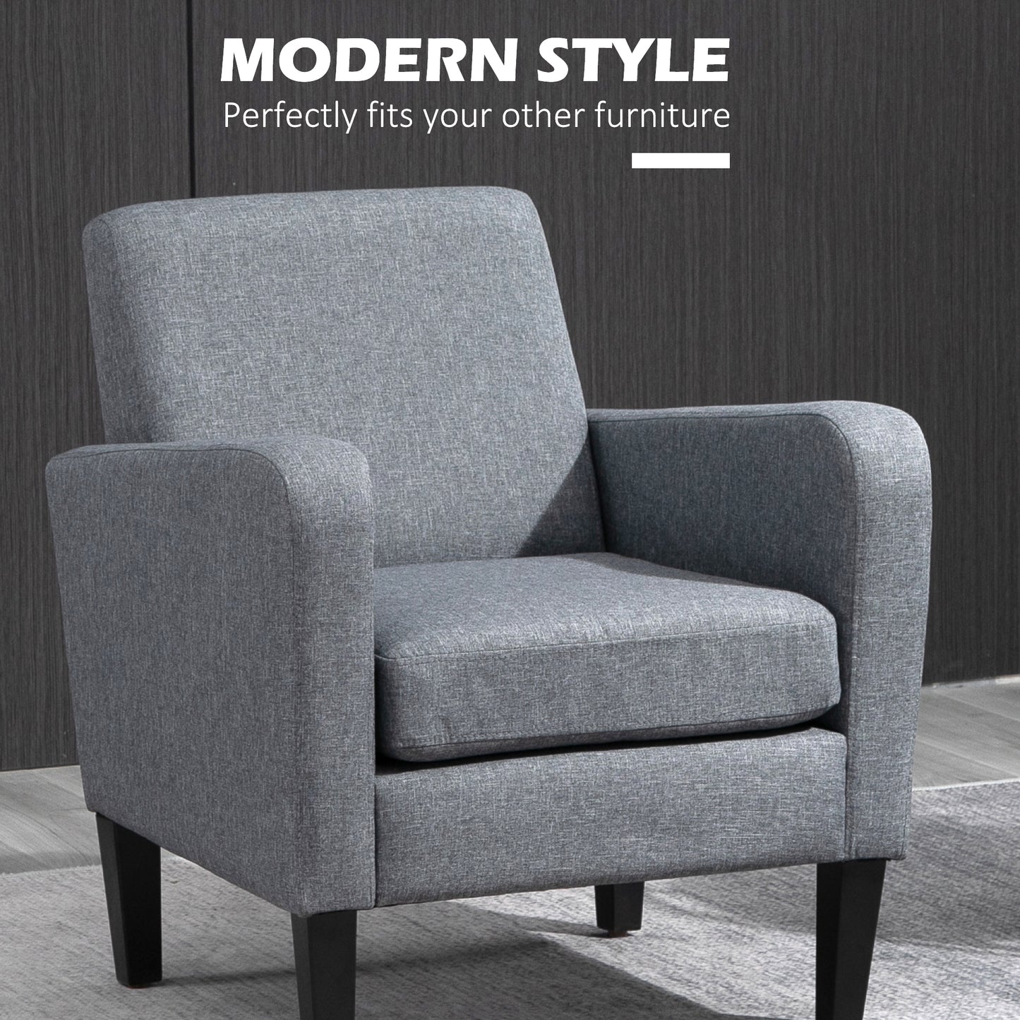 HOMCOM 2-częściowe nowoczesne fotele z nogami z drewna kauczukowego, tapicerowane krzesła akcentowe, pojedyncza sofa do salonu, sypialni, szare
