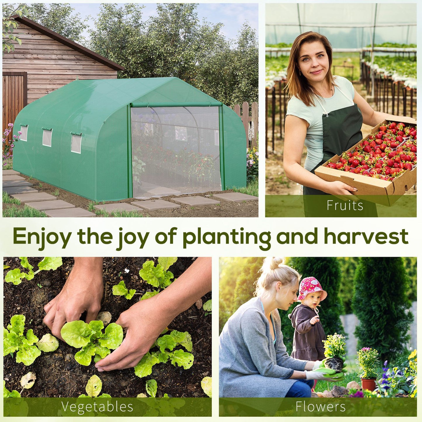 Tunel foliowy Outsunny Walk-in Garden Greenhouse, zewnętrzna szklarnia z drzwiami z siatki, osłoną z PE i 6 oknami, 4,5 x 3 x 2 m, zielony