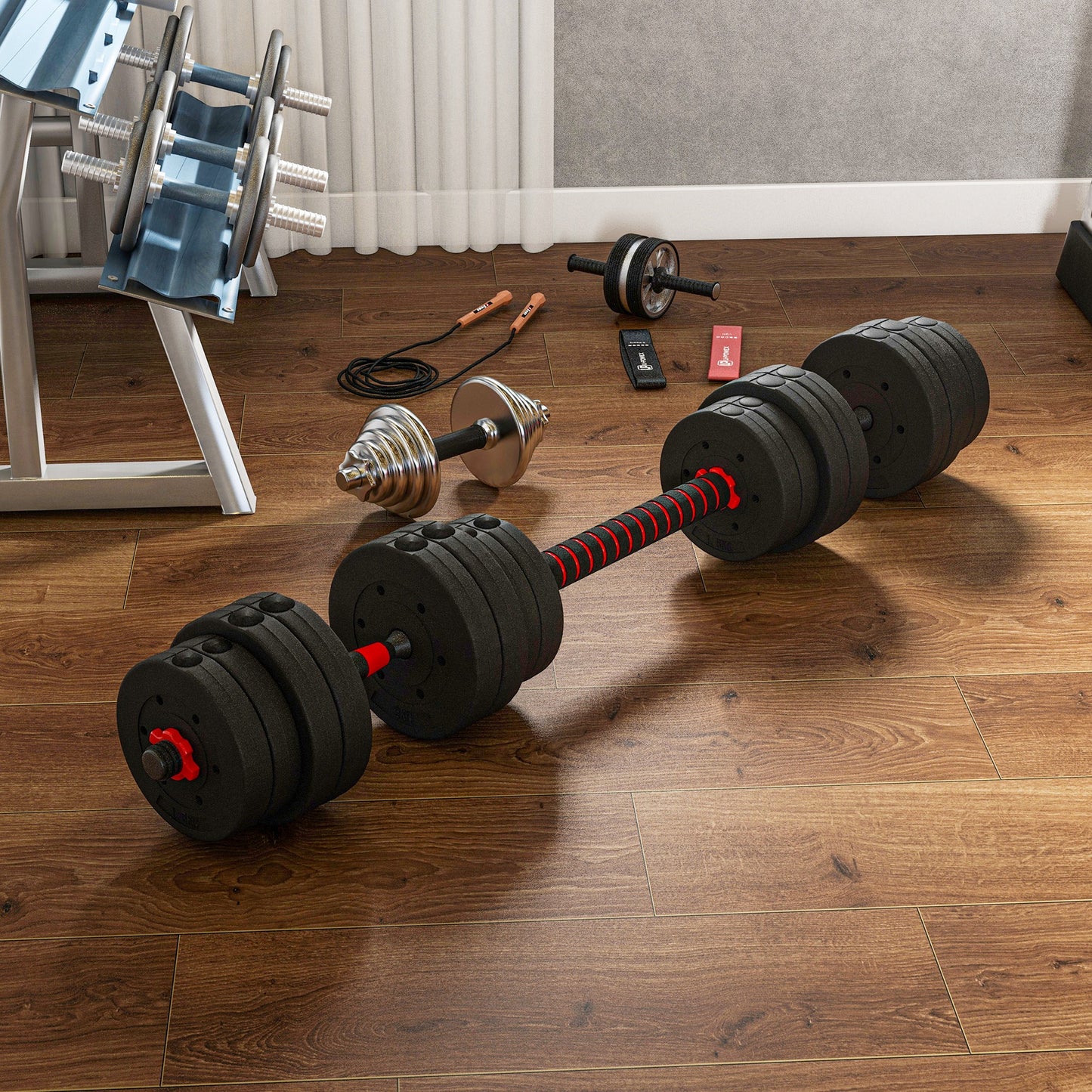 HOMCOM 30kg 2 W 1 Regulowany Zestaw Hantel, Hantle Ręczne Sztanga do Fitnessu Ciała, Trening Podnoszenia dla Domu, Biura, Siłowni, Czarny
