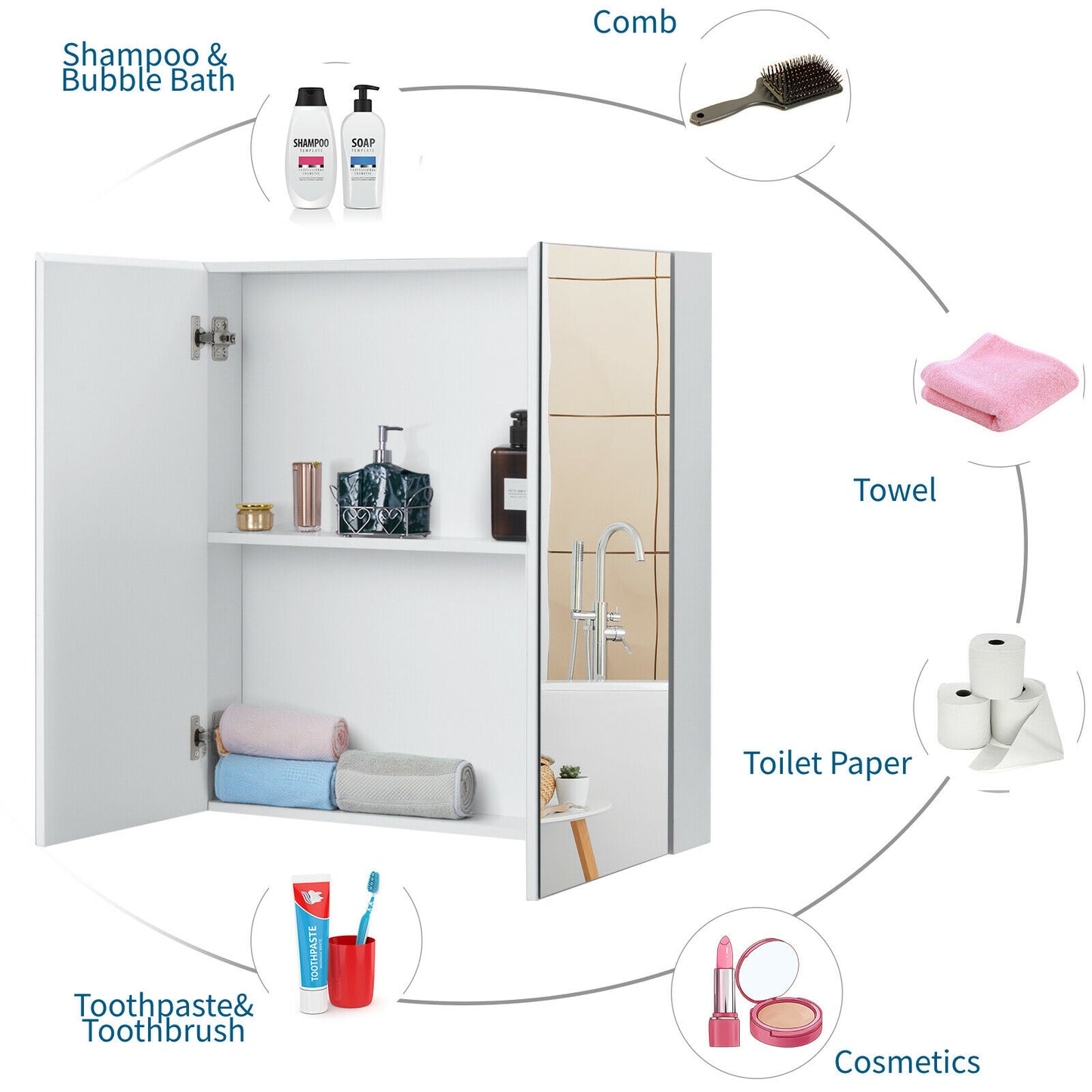 Bathroom Storage Cabinet with Double Mirror Doors