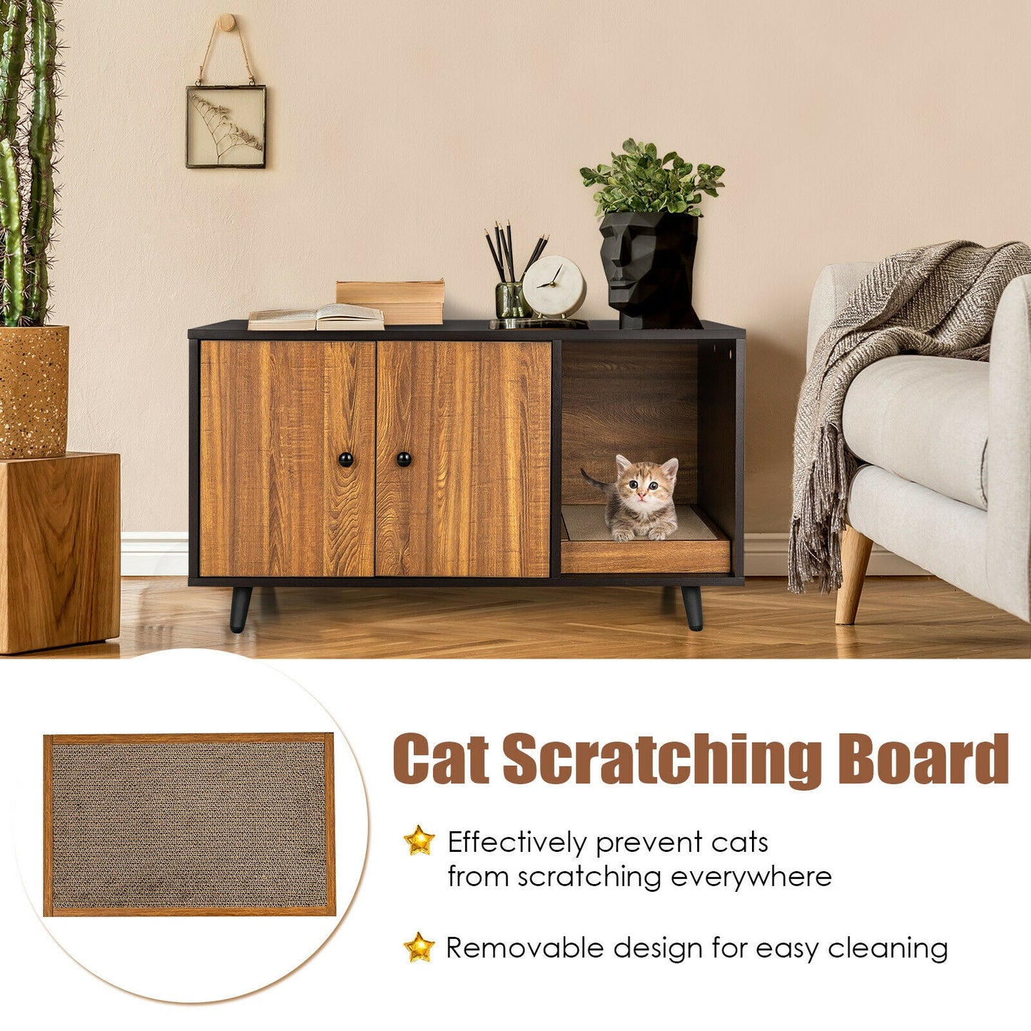 Cat Litter Box Enclosure with Divider for Large Cat & Kitty-Coffee
