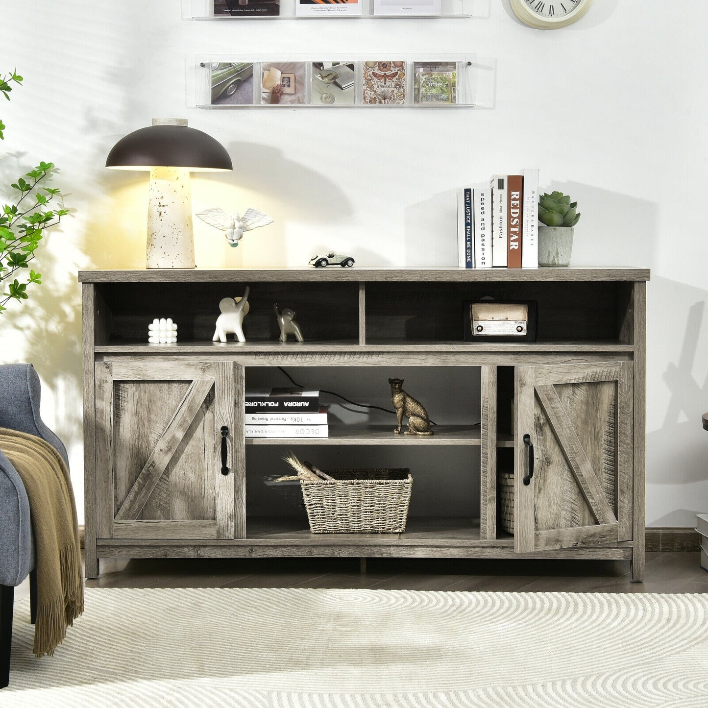 59 Inch TV Stand Media Center Console Cabinet with Barn Door for TV's 65 Inch-Natural